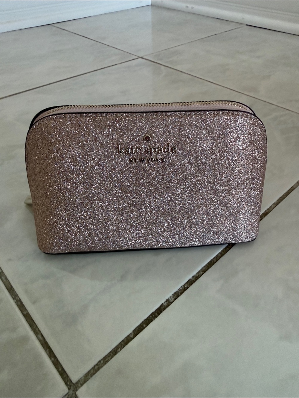 kate spade glitter cosmetic pouch in blush sparkle